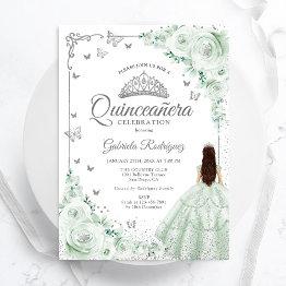 Small Sage Green Watercolor Roses Silver Quinceanera Invitation Front View