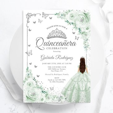sage green watercolor roses silver quinceanera invitation