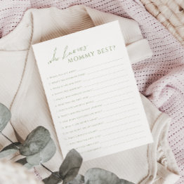 Small Sage Green Who Knows Mommy Baby Shower Game Invitations Front View