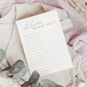 sage green who knows mommy baby shower game invitations