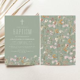 Small Sage Green Wildflower Baptism Garden In Bloom Invitation Front View