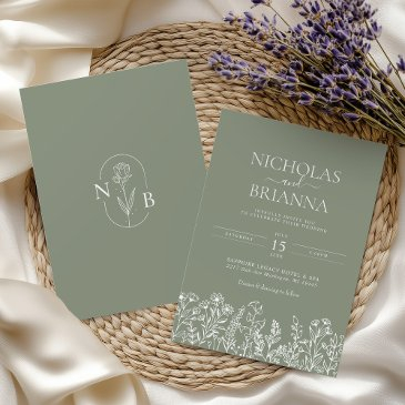sage green wildflower boho wedding modern monogram invitation