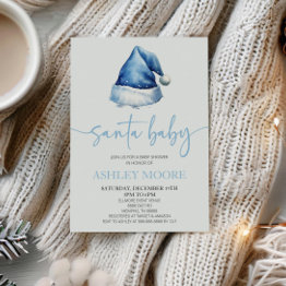 Small Santa Baby Blue Hat Christmas Holiday Baby Shower Invitation Front View