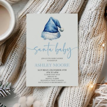 santa baby blue hat christmas holiday baby shower invitation