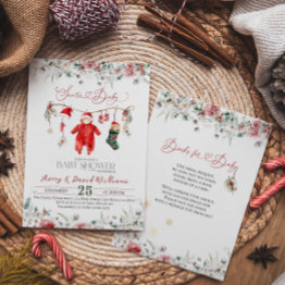 Small Santa Baby Christmas Baby Shower With Book Request Invitation Front View
