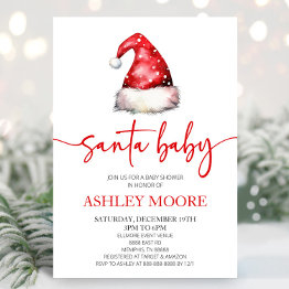 Small Santa Baby Red Hat Christmas Holiday Baby Shower Invitation Front View
