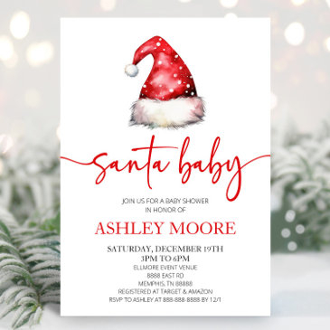santa baby red hat christmas holiday baby shower invitation