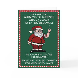 Small Santa Claus Is Coming To Town With The Vaccine Hol Holiday Invitations Front View