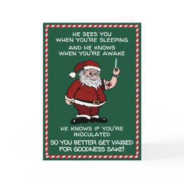 santa claus is coming to town with the vaccine hol holiday invitations