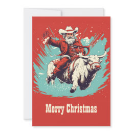 Small Santa Claus On Rodeo Bull Riding Holiday Invitations Front View