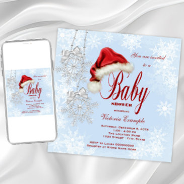 santa hat and snowflakes christmas baby shower invitation