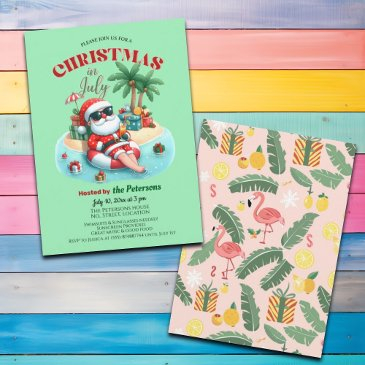 santa on a tropical island christmas in july party invitation