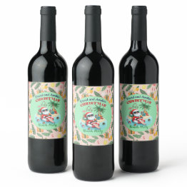 Small Santa On A Tropical Island Christmas In July Party Wine Label Front View