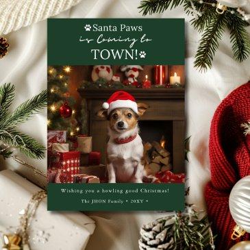 santa paws is coming to town dark green dog photo holiday invitations