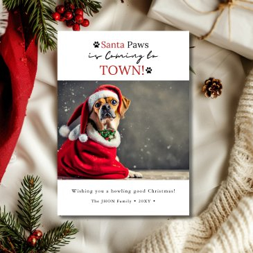 santa paws is coming to town! dog photo christmas holiday invitations