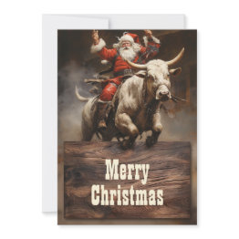 Small Santa Riding A Bull Holiday Invitations Front View