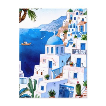 santorini by the sea, greece blue watercolor greek postinvitations