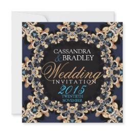 Small Sapphire Blue Gold Lace Jewel Wedding Invitations Front View