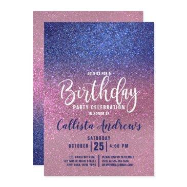 sapphire blue pink triple glitter ombre birthday invitation