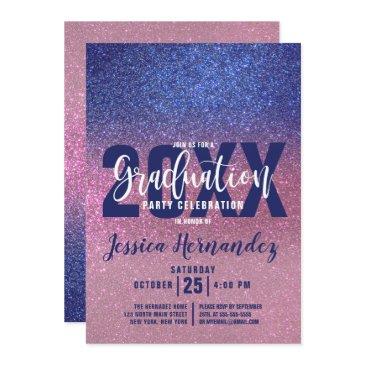sapphire blue pink triple glitter ombre graduation invitation