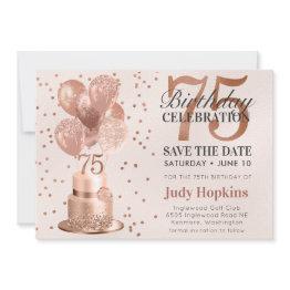 Small Save The Date 75th Birthday Rose Gold Cake Front View