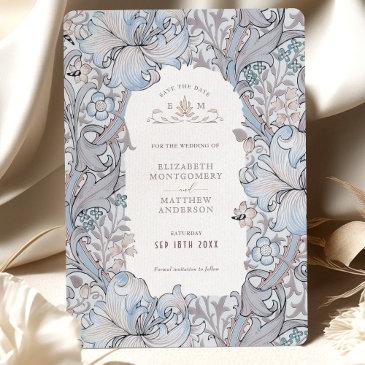 save the date golden lily sky blue william morris invitation