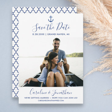 save the date photo classic blue nautical anchor invitation