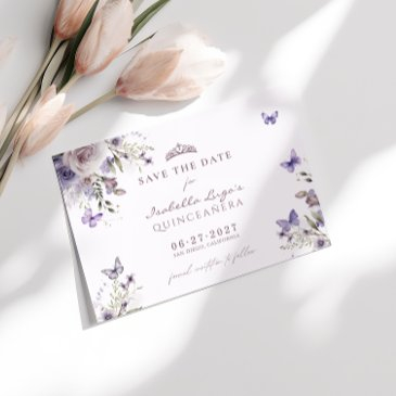 save the date quinceañera purple butterfly floral invitation