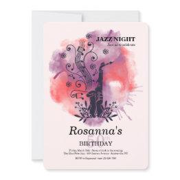 Small Saxophone Watercolor Birthday Party Invitation Front View