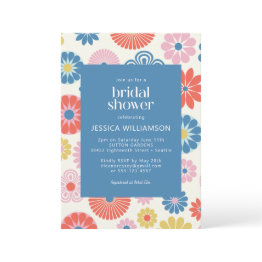 Small Scandi Boho Folk Flower Blue Bridal Shower Invitation Front View