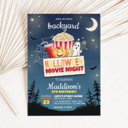 Small Scary Backyard Halloween Movie Night Birthday Invitation Front View