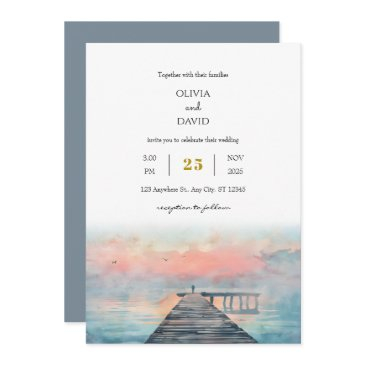scenic pastel dawn fishing pier art beach wedding invitation