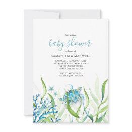 Small Sea Turtle Blue And Green Baby Shower Invitation Front View