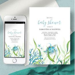 Small Sea Turtle Blue And Green Baby Shower Invitation Front View