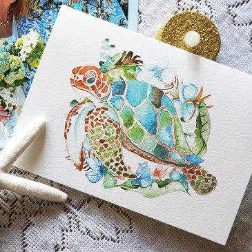 sea turtle, blue aqua hibiscus banana leaf wreath invitations
