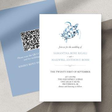sea turtle blue wedding invitation with qr code