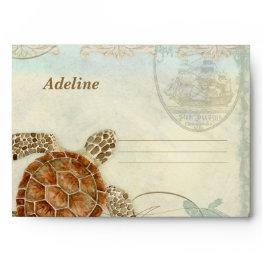 Small Sea Turtle Modern Coastal Ocean Beach Wedding Envelope Front View