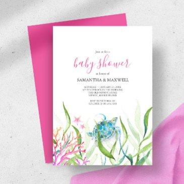 sea turtle pink and green baby shower invitation