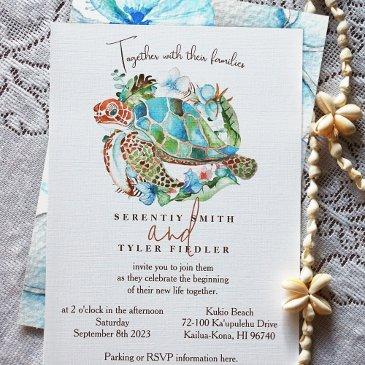 sea turtle, tropical blue green wreath wedding invitation