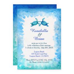 Small Sea Turtle Wedding Invitations - Blue And Green Front View