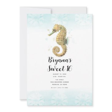seahorse teal & gold watercolor sweet 16 invitation