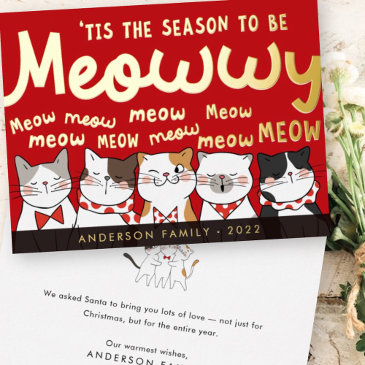season to be meowwy funny cute cats caroling foil holiday invitations