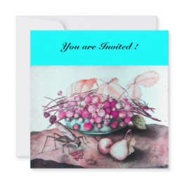 Small Season's Fruits / Strawberries And Pears Blue Pink Invitation Front View