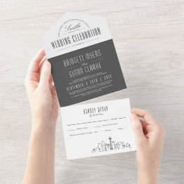 Small Seattle Deco Skyline | Wedding All In One Invitation Front View