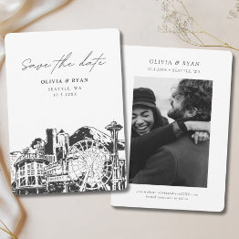 Small Seattle Save The Date Skyline Downtown Wedding Invitation Front View