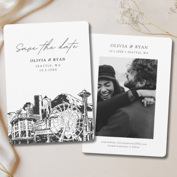 seattle save the date skyline downtown wedding invitation