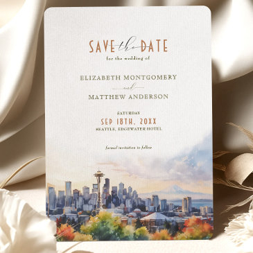 seattle skyline watercolor save the date wedding invitation