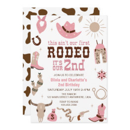 Small Second Rodeo Western Cowgirl 2nd Birthday Invitation Front View