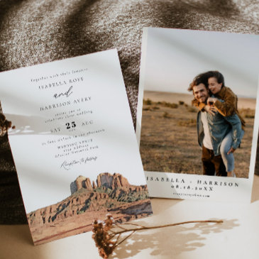 sedona watercolor boho desert photo wedding invitation