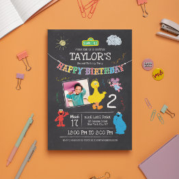 Small Sesame Street Pals Chalkboard Photo Birthday Invitation Front View